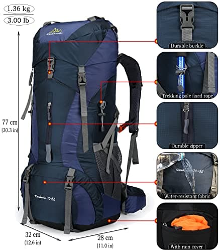 Doshwin 70L Large Backpack Camping Trekking Hiking Travel Rucksack for Women Men (with Rain Cover) — view 2