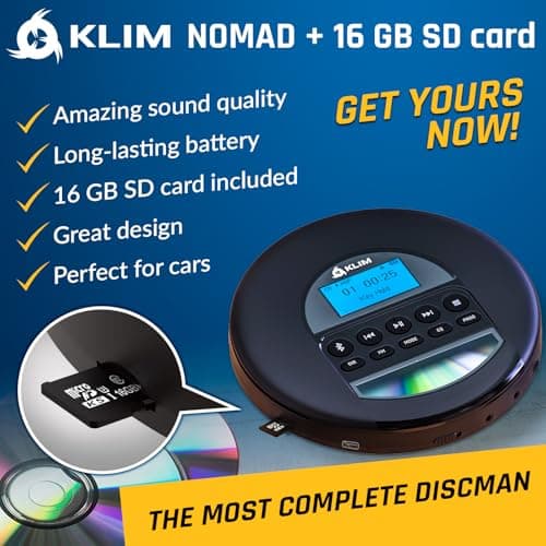 KLIM Nomad Portable CD Player with Long-Lasting Battery - with Headphones - Radio FM - Compatible MP3 CD Player Portable - 16GB TF Card - Radio FM Bluetooth - Ideal for Cars - Black — view 2