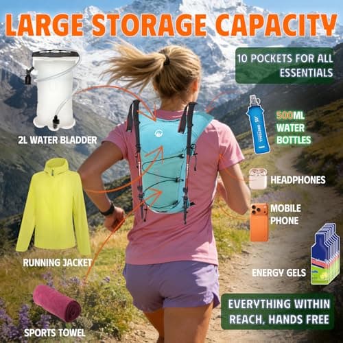 ONETOALL Running Vest Women with TPU Water Bottle 500ml & Water Bladder 2L, Lightweight Hydration Running Vests Mens, Reflective Running Backpack for Hiking Marathon Biking Sci, Blue — view 2
