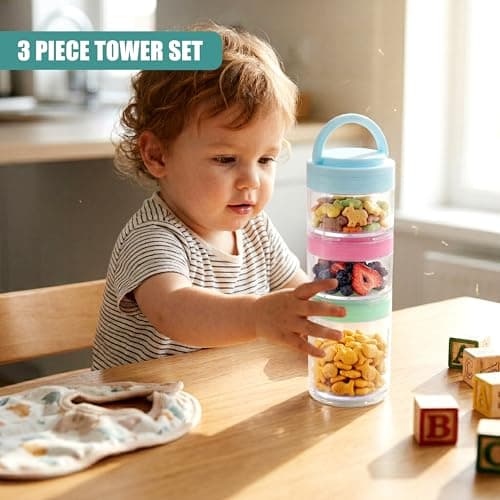 GEEZY 3 Piece Stackable Snack Pots with Lids & Removable Handle - Portable Tower, Travel Food Containers for Kids & Adults - Small Storage Jar Organisers for Nuts, Fruits, Lunch, Office, Camping — view 3