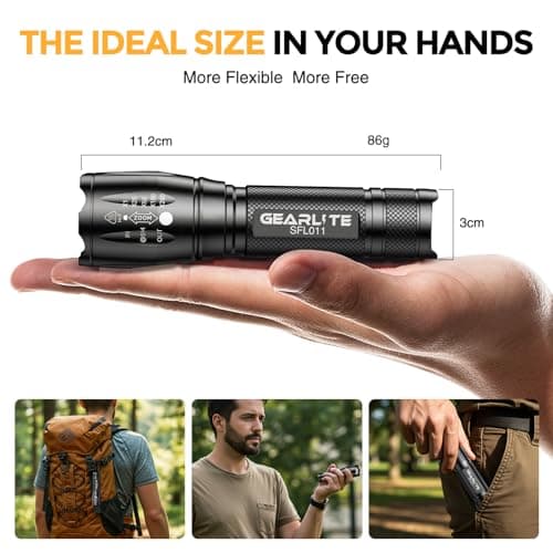 GEARLITE Torch Rechargeable, 2000LM Zoomable Rechargeable Torch with 3 Modes, Long-Lasting IP65 Waterproof Torches LED Super Bright for Camping, Hiking, Emergencies - Gifts for Men Dad Him — view 6