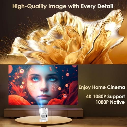 Mini Projector with WiFi 6 and Bluetooth 5.4, Support 4K 1080P Short Focus Portable Projector 15Watt Sound Base Speaker Auto Keystone 270° Rotatable Compatibile with HDMI/TV Stick/Laptop/Memory Stick — view 3
