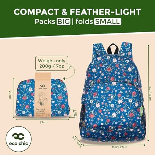 ECO CHIC Lightweight Foldable Water Resistant Backpack Rucksack Folds into Pouch for Storage (Floral Navy) — view 3