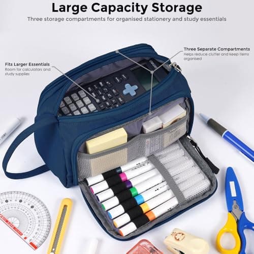 SharkByte Large Pencil Case Organiser, Big Capacity Study & Revision Stationery Storage Pouch with Compartments, Student Pen Holder for School, College, University, Accessories & Travel Supplies — view 3