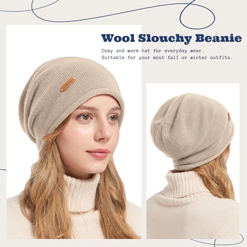 ACUSHLA 100% Merino Wool Slouchy Beanie, Knit Hat Unisex, Light Beige — view 2