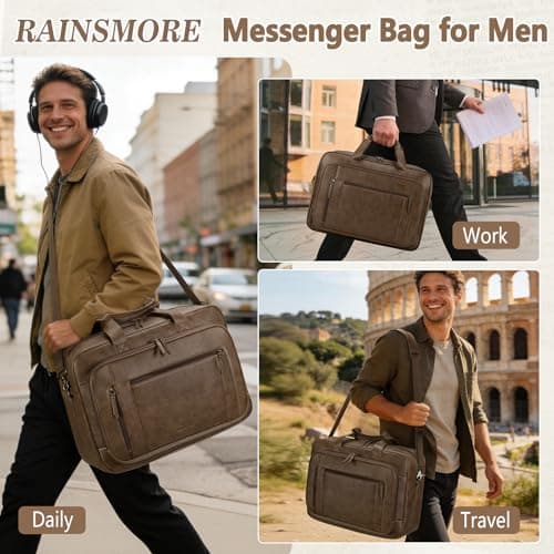 RAINSMORE 16 Inch Laptop Messenger Bag for Men, PU Leather Work Briefcase — view 2