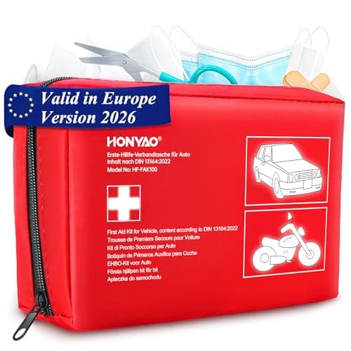 HONYAO First Aid Kit Car 2026, First Aid Kit Compliant with The Latest DIN 13164 Standard, Valid on The Continent, Medical Emergency Kit for Vehicle Truck Caravan Travel Camping