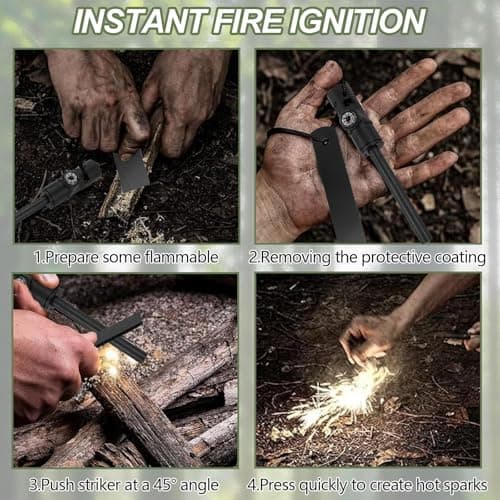 2 Pcs Flint Fire Starter Kit, Survival Fire Steel Premium Ferro Rod with 10 Pcs Fire Starter Hemp Rope, Including Whistle, Compass, Scraper with Scale for Camping Hiking Outdoor (Black) — view 6