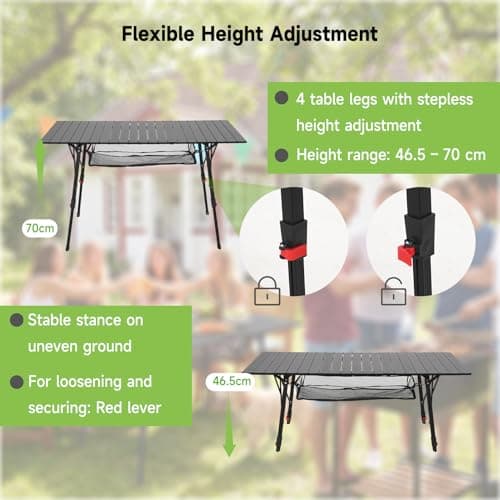 HAUSPROFI Folding Camping Table, 120x70cm Height Adjustable Garden Table, Portable Roll up Picnic Table with Large Storage and Carrying Bag Support 100kg — view 2