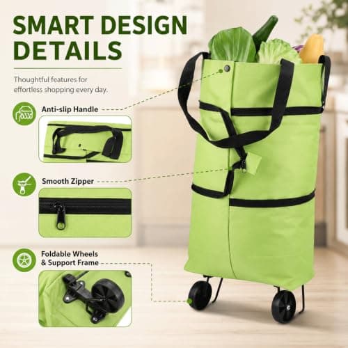 2-in-1 Foldable Shopping Cart with Wheels, Reusable Waterproof Collapsible Grocery Tote Bag, Portable Shopping Trolley for Supermarket, Laundry & Travel — view 5