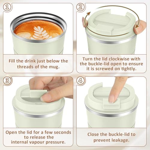 KETIEE Travel Mug 380ml Insulated with Leakproof Lid - Reusable Double Walled Thermal Coffee Cups, Stainless Steel Coffee Mug for Hot Cold Drinks - Cream — view 6