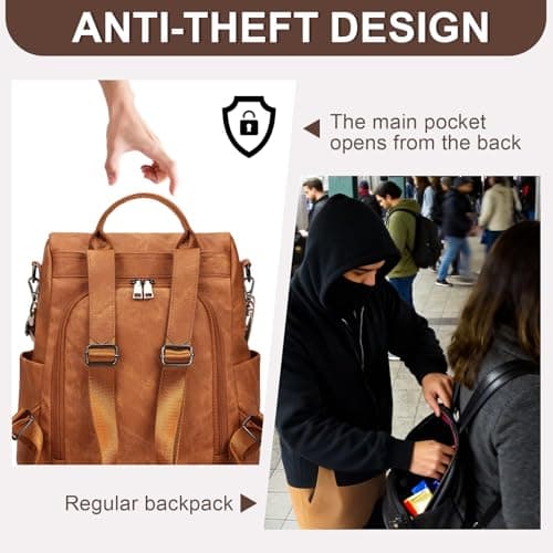 Eshow Womens Backpack Anti Theft Waterproof, Ladies Rucksack Vegan Leather Fashion, Daypack Convertible Small Makeup bag With RFID, Handbag Shoulder For Travel School Work Light Brown — view 3