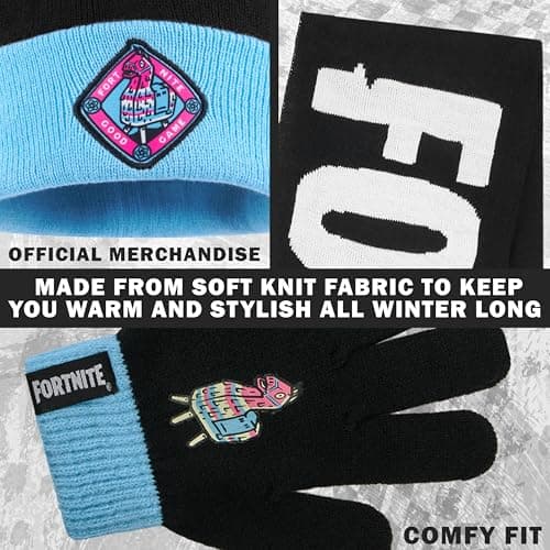 Fortnite Beanie Winter Accessories Set Boys & Teens, 3pcs Hat Scarf & Gloves, Warm Knit for School Travel Days Out, Gamer Gifts — view 4