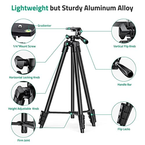 Lightweight Tripod 55-Inch/135cm, Video/Phone/Light Camera Tripod Stand with Wireless Remote Shutter, Phone Clip, Carry Bag for Travel/YouTube Video/Photography/Vlog, Compatible with iOS & Android — view 2