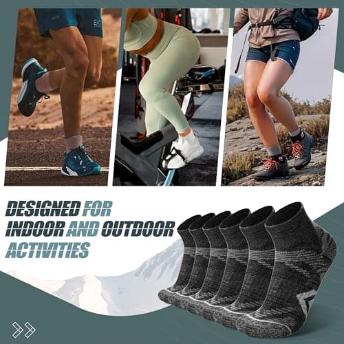 ANTSANG 6 Pairs Merino Wool Quarter Socks Running Walking Hiking Compression Support Breathable Thermal Warm Thick Cushion Ankle Unisex Socks for Women Men(7-11, Black Series) — view 6