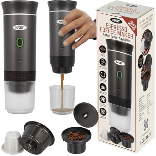 Portable Espresso Coffee Maker – Self-Heating, USB-C Rechargeable, Works with Capsules & Ground Coffee – Includes Travel Mug – Perfect for Office, Camping, Fishing & Outdoors (Grey)