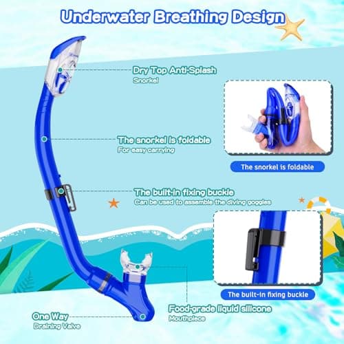 Snorkeling Gear for Kids with Foldable Silicone Full Dry Snorkel, Kids Snorkel Set Anti Leak Youth Junior Snorkeling Package Diving Mask Soft Tube with Mesh Bag Swimming Goggles, Blue — view 3