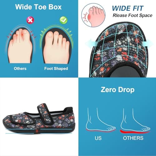 JOINFREE Womens Comfort Mary Jane Walking Shoes Wide Fit Black Flower — view 2