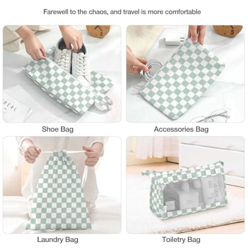 8 Set Packing Cubes for Suitcases,Suitcase Organizer with Shoe,Cosmetics,Clothing, and Accessories Bags for Travel Luggage Organizer Women Men(Green Checkered) — view 5