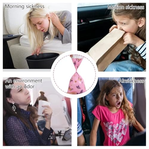 20Pcs Sick Bags with Cartoon Pattern, Disposable Vomit Bags for Travel, Leakproof Sickness Bags Barf Bags for Nausea and Vomiting for Children and Adults, Blue-Green Monsters and Pink Butterflies — view 4