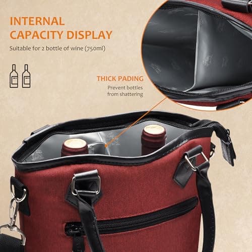 Kato Tirrinia Wine Cooler Bag Insulated Leakproof Padded Portable Wine Carrier with Strap 2 Bottle Wine Bag for Camping Travel Beach Picnic Gift for Wine Lovers Red — view 3