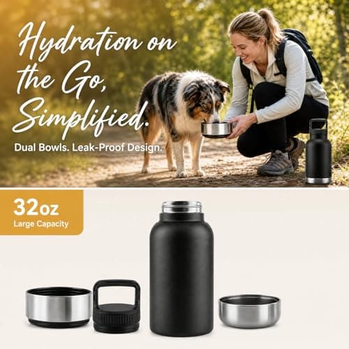 3-in-1 Portable Dog Water Bottle with Double Bowls, 32oz Large Capacity Travel Water Bowl for Dogs, Leak Proof Pet Water Dispenser for Walking, Hiking and Outdoor Camping, Black — view 2