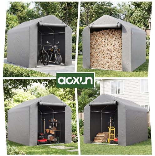 Aoxun 2.2x1.6M Heavy Duty Outdoor Storage Shed, PE Woven fabric, 3000mm Waterproof Portable Bike Shed Shelter and Garden Storage Tent, Roll-up Door Carport for Motorcycle and Lawn Tools, Grey — view 5