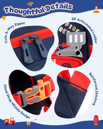 PROTAURI Toddler Backpack Boys with Chest Strap, Kids Backpack 3D Fire Engine Reflective 360° Water Repellent & Lightweight, School Bags Fits DIN A4 for 2-6 Years, 10.6L, Navy Blue — view 3