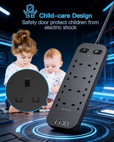 Black Extension Lead, 8 Way Outlets Power Strip with 4 USB Slots (2 USBC) — view 5
