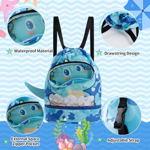 AffeGifts Drawstring Kids Swimming Bag, Waterproof Swim Bag with Dry-Wet Separation, Beach Backpack for Boys (Blue) — view 5