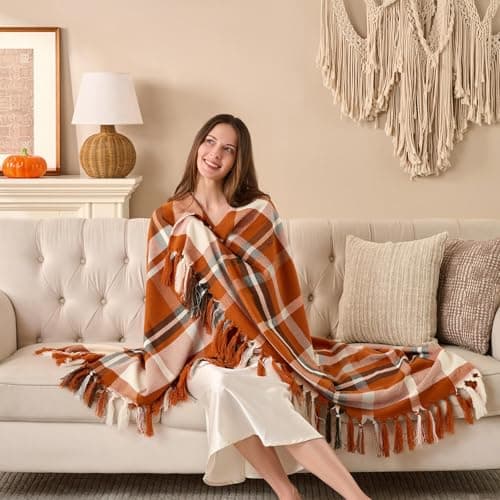 Lanpn Rust Plaid Throw Blanket, Cozy Soft Fall Fringe Blankets for Couch Sofa Bed, Lightweight Orange Checkered Throws Acrylic Cashmere Like Shawl, Autumn Thanksgiving Home Decor Gift, 130x150 — view 6