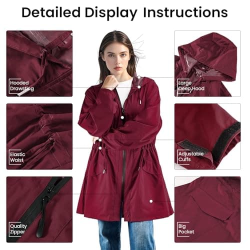 SOPPY Women Waterproof Raincoat Ladies Rain Jacket with Hood, Lightweight Unisex Rain Coat Windbreaker Trench,Red — view 5