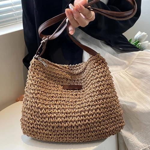 Yunzhou1230 Straw Bag for Women, Summer Straws Beach Bag with Zip & Adjustable Strap, Bohemian Weave Holiday Handbag, Straw Crossbody Bag for Travel, Crochet Handbags for Summer Holidays — view 3
