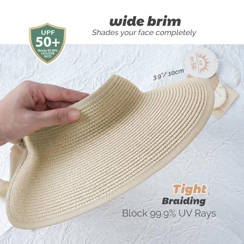 Creekstone Sun Visor Hats for Women Straw Visor Wide Brim UV Protection Packable Summer Beach Hat Ponytail Travel UPF 50+ (UK, Alpha, One Size, Beige) — view 3