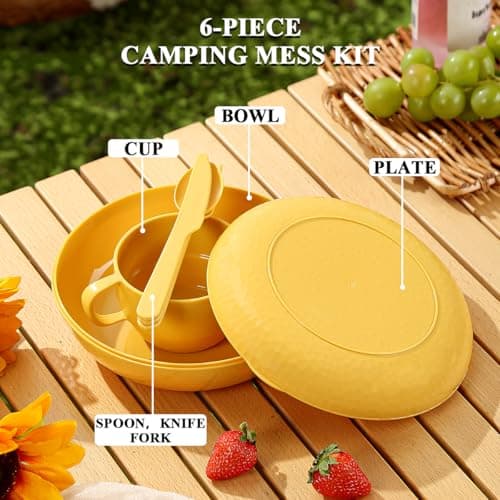 Berglander Camping Mess Kit with Bowl, Plate, Cup, Spoon, Fork, Knife and Carry Bag, Save Space, Easy to Carry, Plastic Camping Essentials Utensils for Travel, Picnic, Outdoor (Gold Yellow) — view 3