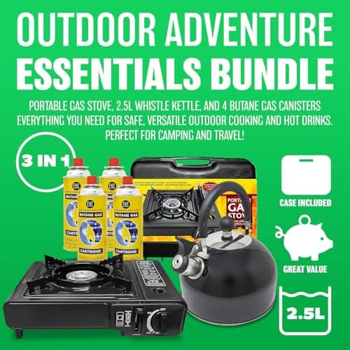 3 In 1 Camping Starter Kit - Includes Gas Stove, 4 Gas Bottles & 2.5L Kettle | Premium Burner, Automatic Ignition & Heat Control | Suitable for Fishing, Camping & Hiking | Lightweight, Essentials — view 3