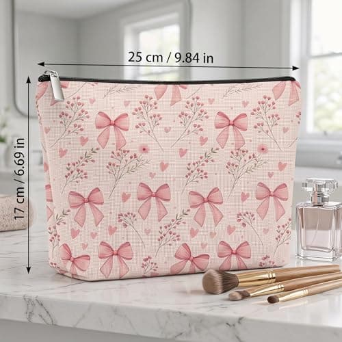 Pink Bow Make up Bag for Women Girls, Cute Coquette Makeup Bags with Zipper, Sweet Lovely Heart, Bow & Floral Preppy Makeup Pouch, Stylish Travel Toiletry Bag Gifts for Womens Teenage Girls — view 2