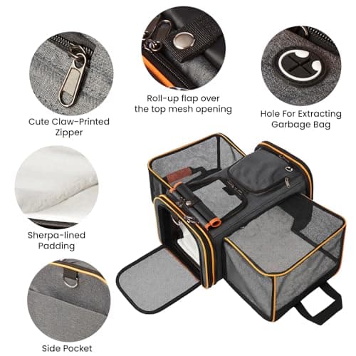 Soft Sided Portable Cat Carrier with Extendable Space & Fleece Bed Foldable Pet Carrier for Cats/Small Dog/Bunnies With Adjustable Shoulder Strap & Removable Mat (Orange) — view 4
