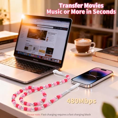 SEUMOO USB C Multi Charger Cable 1M 4 in1 USB A to USB C Charging Cable 66W Type C Fast Charging Cable Cute Beaded USB Phone Charger for Girls Women for iPhone 17 Air 16 15 Plus 14 Pro Max, Pink — view 3