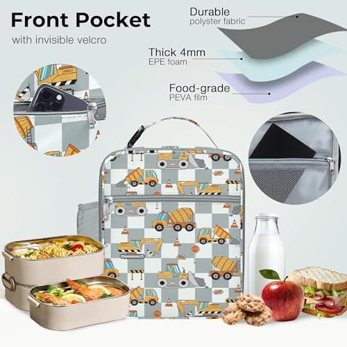 Clastyle Car Insulated Lunch Bag Truck Large Thermal Cooler Bag for Boy Picnic Lunch Box Tote, Engineer Excavator — view 5