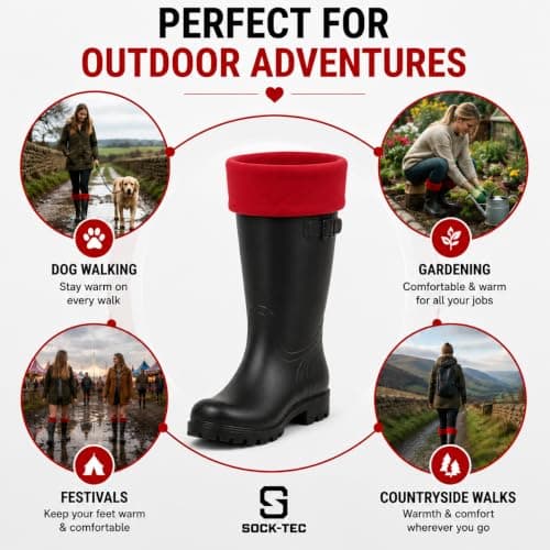 Womens Fleece Welly Socks Thermal Wellington Boot Liners Size 4-7 (Red) — view 6
