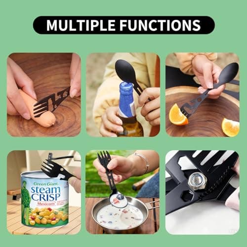 Verazquy 10-in-1 Multi-Tool Camping Spork - Utility Travel Cutlery Set in Stainless Steel, All-in-One Spoon, Fork, Knife with Bottle Opener Tools Eco Reusable for Hiking Outdoor(Black) — view 5