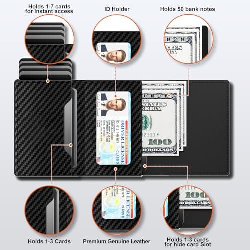 dwnkove Mens Wallet Credit Card Holder, Minimalist Wallets for Men, Aluminum Pop up Wallet, RFID Blocking, Premium Leather, Smart, Slim, Coin Pocket | 9-14 Card Capacity | ID Window | Cash Slot — view 3