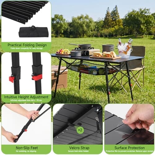 HAUSPROFI Folding Camping Table, 120x70cm Height Adjustable Garden Table, Portable Roll up Picnic Table with Large Storage and Carrying Bag Support 100kg — view 6