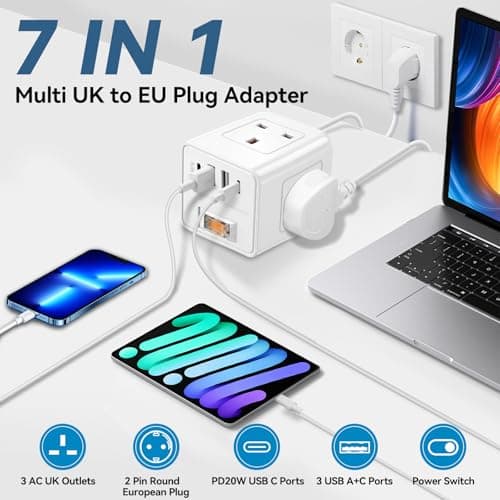 UK to European Plug Adapter,3 Way UK to EU Plug Adaptor with 4 USB — view 2