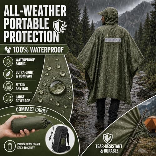 NWDEY Waterproof Poncho for Adults – Reusable Lightweight Rain Poncho with Reflective Strips & Front Pocket, Outdoor Raincoat for Camping, Hiking & Travelling (Green) — view 3