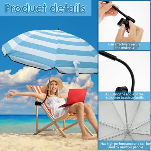 Jokapy Garden Umbrella Parasol Portable,Camping Chair Umbrellas Multifunctional Clip-on Beach Umbrella with Universal Clamp 360° Adjustable,Beach Chair Parasol Umbrellas for Wheelchair (Blue Stripe) — view 5
