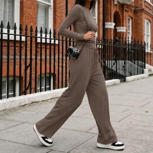 Ladies Tracksuit Sets Khaki 2 Piece Long Sleeve Round Neck Crop Top Side Pocket Wide Leg Trousers Co Ords Sets Lounge Wear Sets for Women UK Travel Loungewear Autumn Outfits Size XL — view 4