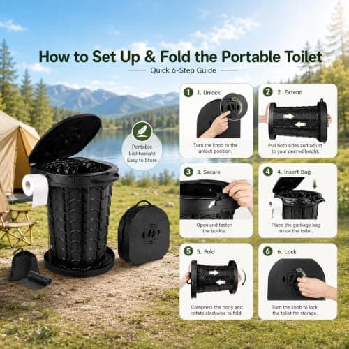 maliven Upgrade Portable Toilet for Adults, Extra Large Seat Travel Potty with Bags & Carry Handle, 18.7" Tall Adjustable Height, Collapsible Toilet for Camping, Hiking, Beach, RV and Emergency Use — view 3