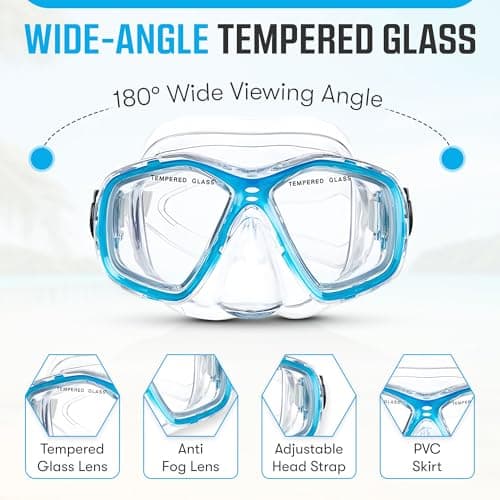 Two Bare Feet Snorkel, Mask and Fins/Flippers PVC Snorkelling Set (Adults) With Anti Fog and Wide View Mask, Anti-Leak, Tempered Glass - Scuba Dive Snorkelling Sets (L/XL (UK9-13), Aqua) — view 2